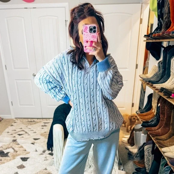 Blue cable knit 1/4 zip sweater with collar - like new only worn once - Picture 1 of 4